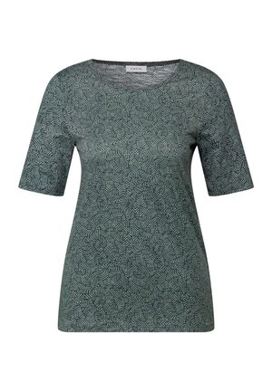 T-shirt verde a maniche corte con un motivo geometrico caratterizzato da linee chiare a contrasto. Realizzato in tessuto morbido, con scollatura rotonda e vestibilità morbida.