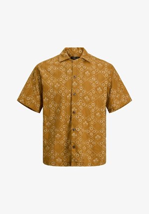 Camicia giallo senape a maniche corte con bottoni, motivo a diamante floreale bianco e colletto classico.