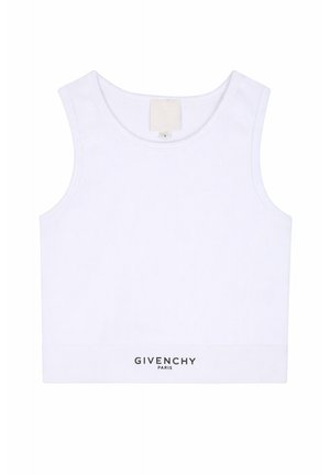 Top corto bianco senza maniche con scollo rotondo, texture a coste e scritta "GIVENCHY PARIS" nera sull'orlo frontale.