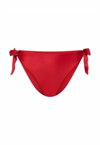 Czerwone majtki bikini o gładkiej fakturze, związywane po bokach. Model jest niskoskalny, zapewnia minimalne pokrycie.