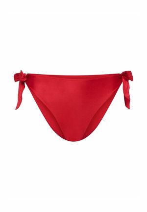 Czerwone majtki bikini o gładkiej fakturze, związywane po bokach. Model jest niskoskalny, zapewnia minimalne pokrycie.