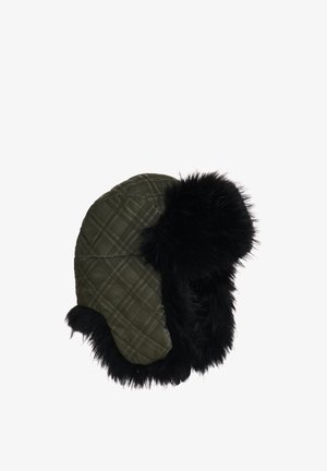 Gestepptes olivgrünes Hut mit schwarzem Kunstfellbesatz, ausgestattet mit Ohrenklappen und runder Form. Texturiertes, leichtes Material mit kariertem Muster.
