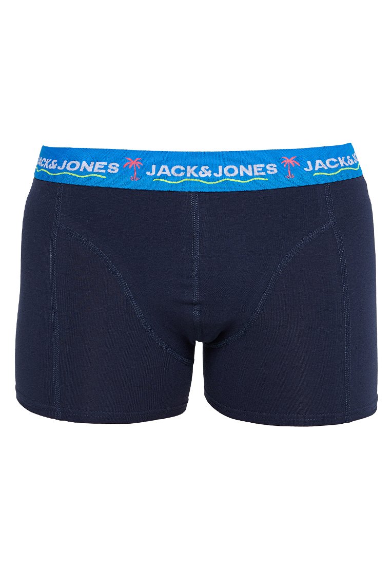 Boxers bleu marine en coton avec une ceinture élastique bleue. La ceinture présente le logo "JACK&JONES" ainsi que des motifs de palmiers en rose.