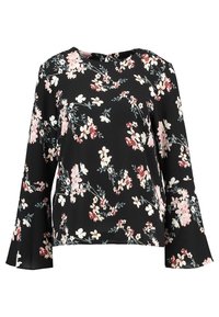 Blouse noire à fleurs avec manches longues évasées. Présente des fleurs roses et blanches avec des feuilles vertes sur un tissu léger. Encolure ronde.