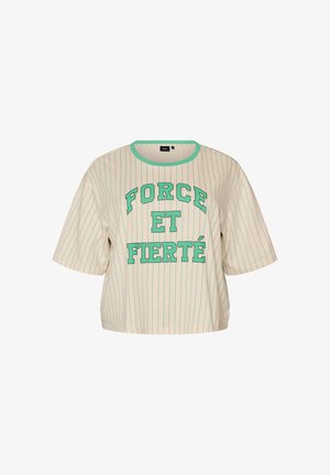 Zizzi, BOXY T-SHIRT MIT STREIFEN UND STATEMENT-PRINT - T-shirts print - vanille