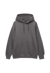 Mörkgrå huvtröja med dragsko, framficka i känguru-stil samt ribbade ärmslut och nederkant på vit bakgrund.