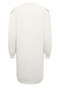 Robe sweat-shirt gris clair à manches longues, encolure ronde et détail froncé à l'épaule. Texture douce, longueur genou et coupe décontractée.