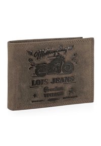 Cartera de cuero marrón con diseño de motocicleta en relieve, marca "LOIS JEANS" y letras de estilo vintage. Forma rectangular compacta.