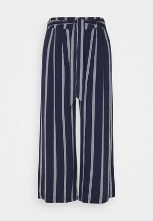 Marineblaue Culotte-Hosen mit weißen vertikalen Streifen, ausgestattet mit einem gebundenen Taillenbund, lockerem Schnitt und weichem Stoffgefühl.