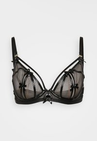 Sort mesh-bh med bøjle, der har et buet design, satin-accenter og små sløjfer. Hardware inkluderer en central dekorativ løkke.