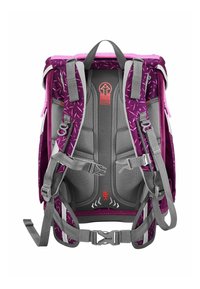 Purple and gray backpack with padded straps, geometric pattern, adjustable chest and waist buckles, and reflective accents for visibility.
