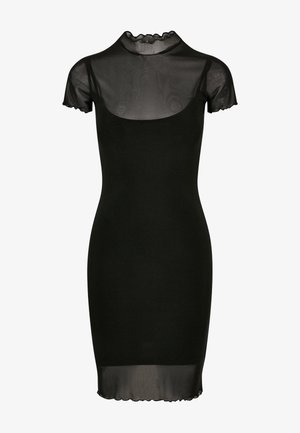 Schwarzes Kleid mit tailliertem Design, aus glattem Stoff. Verfügt über einen transparenten, gewellten Stehkragen und kurze Ärmel. Elegante, minimalistische Form.