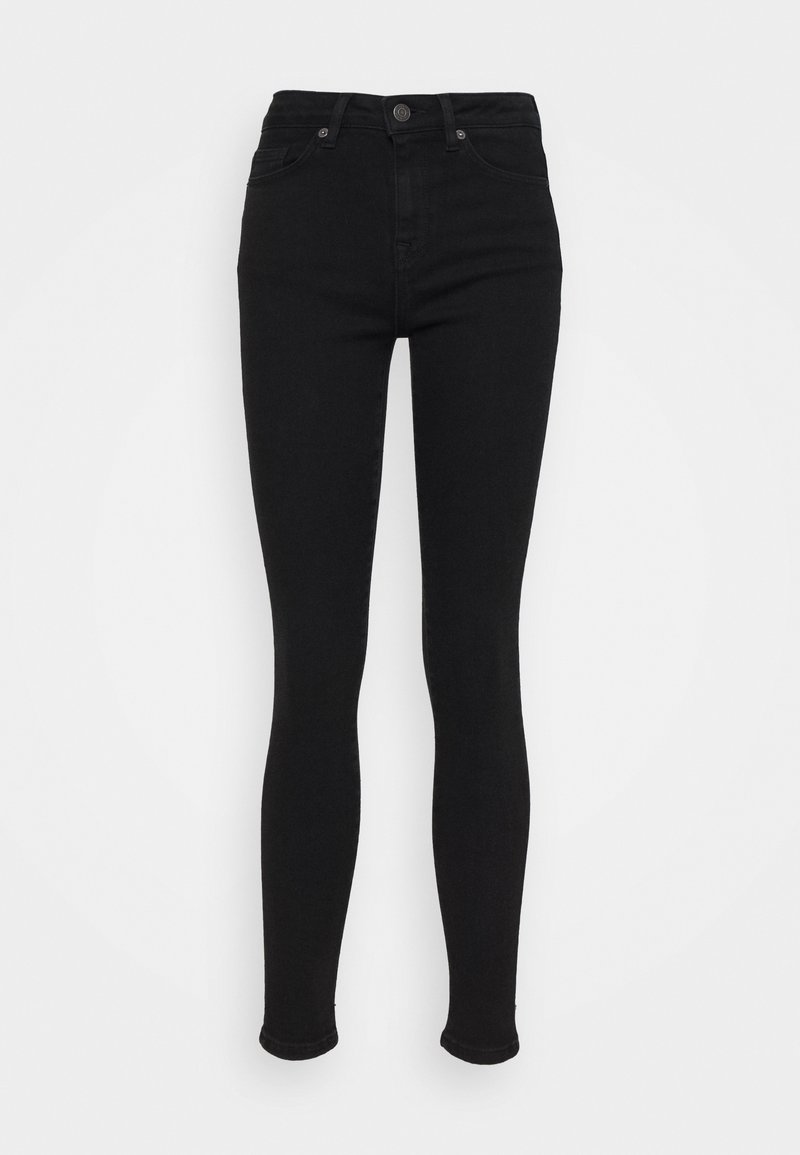 Jeans skinny negros de mezclilla, con una cintura alta, cierre de botón tradicional y dobladillos sin costuras para un acabado suave.