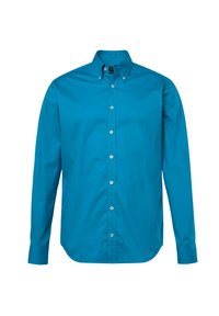 Camicia azzurra a maniche lunghe con bottoni realizzata in cotone, caratterizzata da un colletto classico, una patta frontale con bottoni e un orlo curvo.