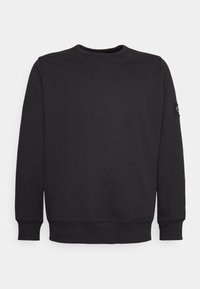 Felpa nera con colletto rotondo realizzata in cotone morbido, con polsini e orlo a costine, e un piccolo logo ricamato sul maniche sinistra.
