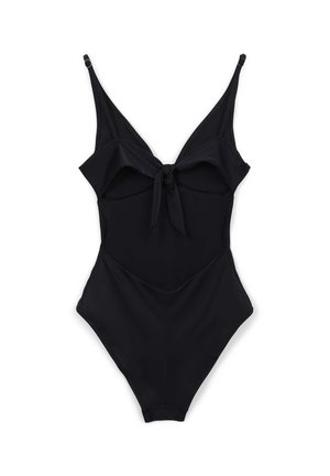Costume da bagno intero nero con spalline regolabili, dettaglio arruffato sul davanti e un fiocco decorativo sul busto, realizzato in un tessuto liscio ed elastico.