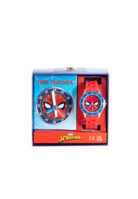 Set di orologi a tema Spider-Man con cinturino in silicone rosso, ghiera blu e quadrante che rappresenta Spider-Man con indicatori delle ore e dei minuti.