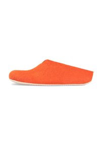 Oranje vilten slipper met een laag profiel, ronde neus en een gestructureerd oppervlak. Beschikt over een lichtgekleurde zool. Minimalistisch ontwerp.