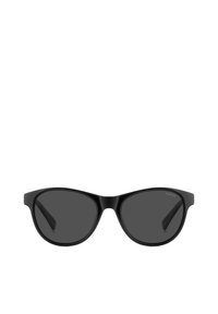 Occhiali da sole neri in plastica con un design elegante, lenti scure e una montatura minimalista, dotati di aste curve e una forma leggermente appuntita.