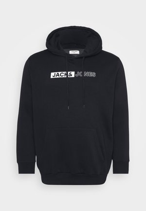 Black hoodie made of cotton blend material, featuring a large front pocket, drawstring hood, and white branded text on chest.