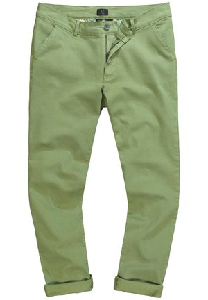 Groene katoenen broek met een aansluitend ontwerp, voorzien van een knopengulp, zijzakken en opgerolde mouwen. Soepele textuur en minimale details.