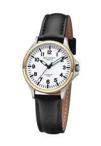 Montre ronde avec un cadran blanc, chiffres noirs, lunette dorée et un bracelet en cuir noir avec des coutures et une couronne argentée.