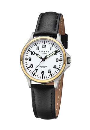 Montre ronde avec un cadran blanc, chiffres noirs, lunette dorée et un bracelet en cuir noir avec des coutures et une couronne argentée.