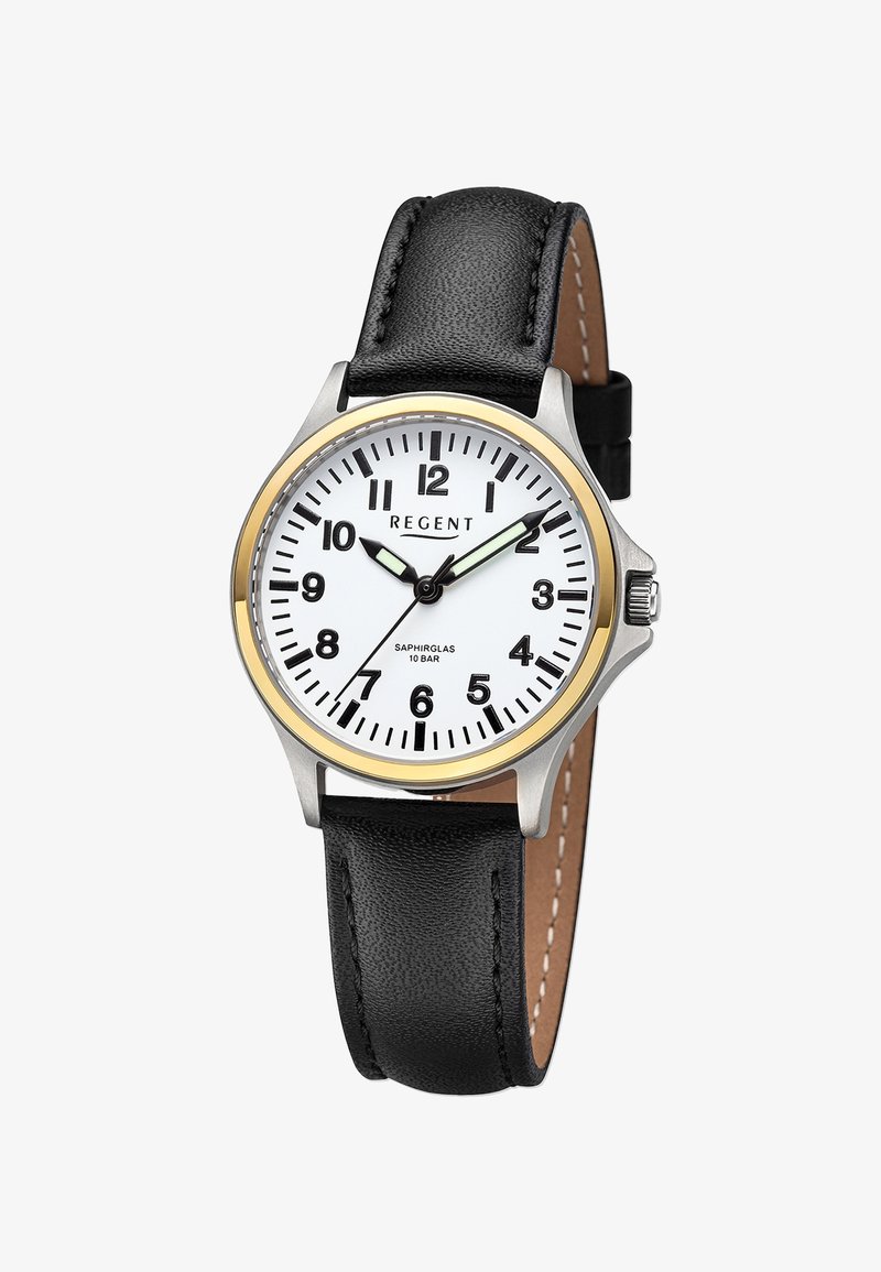 Montre ronde avec un cadran blanc, chiffres noirs, lunette dorée et un bracelet en cuir noir avec des coutures et une couronne argentée.