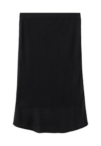 Jupe noire, longueur genou, à coupe droite et avec une taille élastique simple ; fabriquée dans un tissu lisse et léger. Pas de motifs ni d'accents visibles.