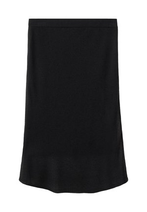 Falda negra, a la altura de la rodilla, con corte recto y una cinturilla elástica simple; fabricada en un tejido suave y ligero. Sin patrones ni acentos visibles.