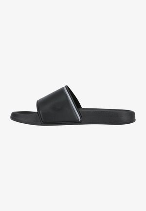 Sort slid sandal med en blank overdel og struktureret sål. Har et bredt, skråt design for komfort og let anvendelse.