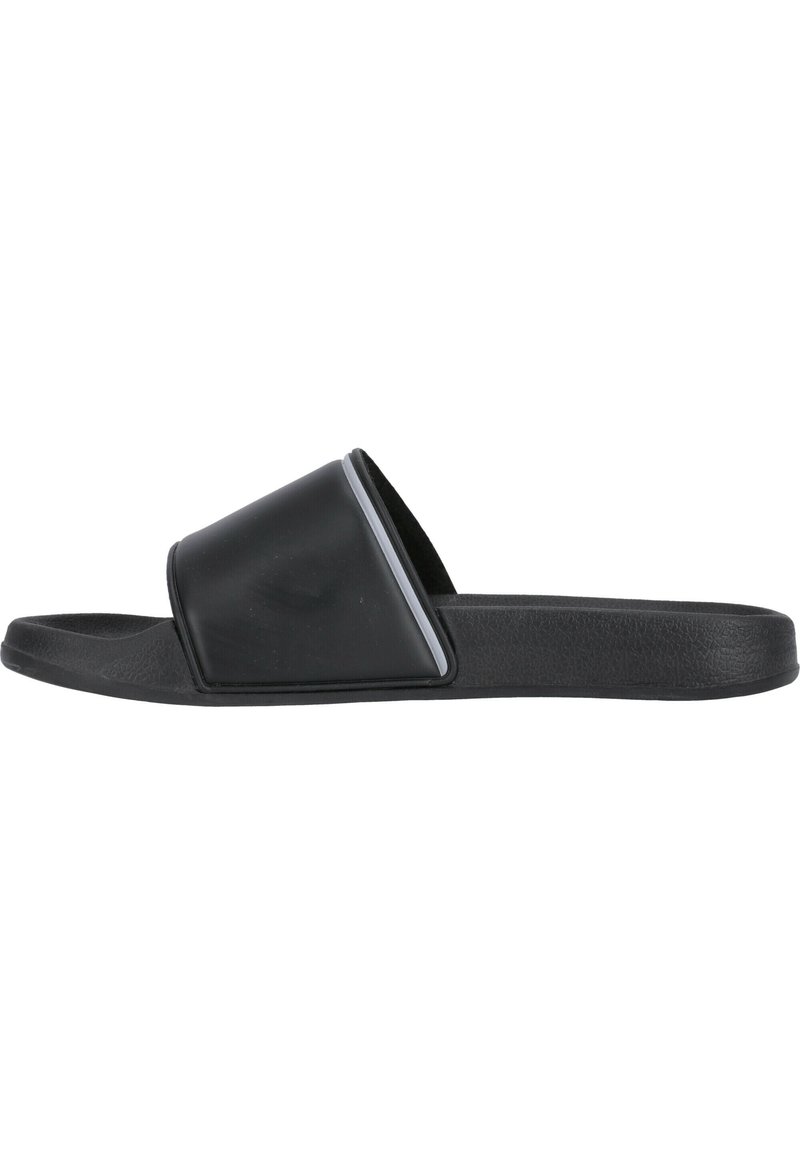 Sort slid sandal med en blank overdel og struktureret sål. Har et bredt, skråt design for komfort og let anvendelse.