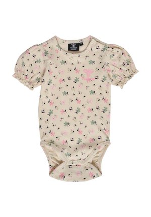 Short-sleeve baby bodysuit in cream with a floral pattern of pink and green. Features gathered sleeves and snap closures at the bottom.