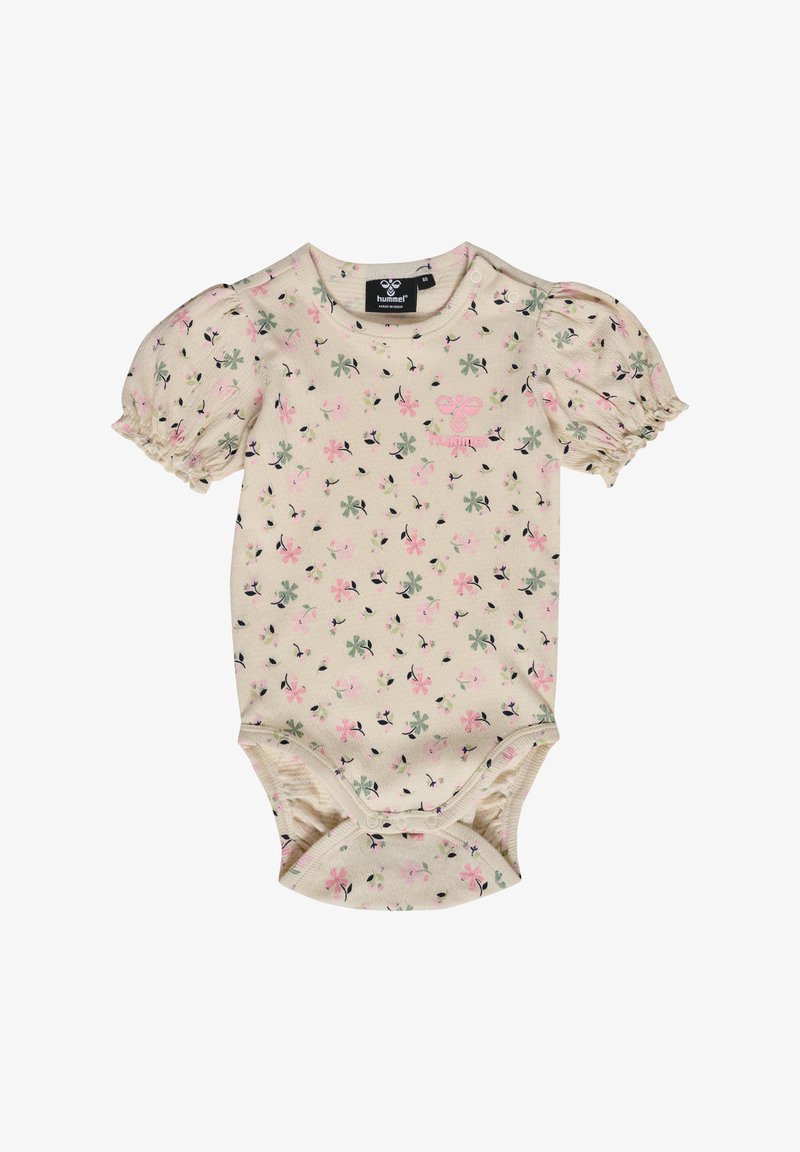 Kortærmet babybodystocking i creme med et blomstermønster i pink og grøn. Har indsamlede ærmer og trykknapper i bunden.