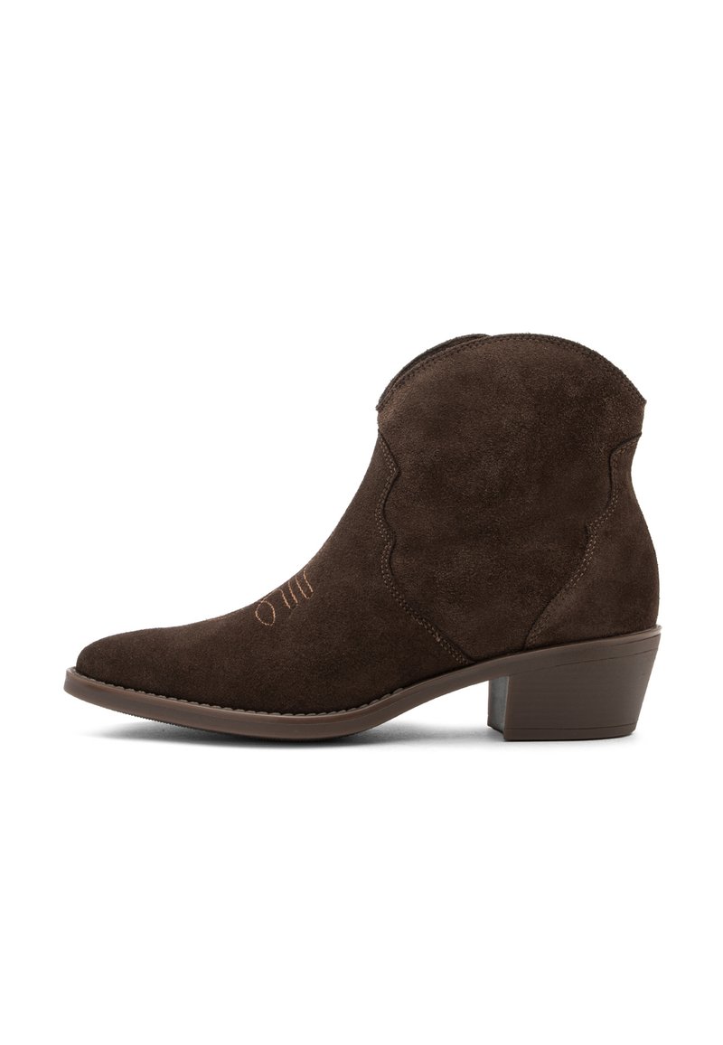 Brown suede ankle boot with a pointed toe and a short stacked heel, featuring scalloped edges and simple embroidery detail on the side.
