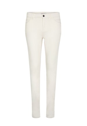 Jean skinny blanc en mélange de coton, avec une texture lisse, poches frontales, fermeture à un seul bouton et détails de couture décoratifs.