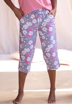 Light gray capri pants with a floral print in white and pink. Features an elastic waistband with drawstring and side pockets. Soft fabric texture.