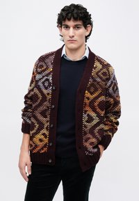 Κάποιες μαρόν πλεκτές κάρντιγκαν με περίπλοκα πολυχρωμα γεωμετρικά σχέδια, μεγάλους κουμπιά και ριμπ μανσέτες. Φοράει πάνω από ένα ναυτικό πουλόβερ.