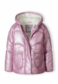 Rosa, glänsande pufferjacka med foder av päls, framzipper och två stora påsydda fickor. Har kviltad design och slät textur.