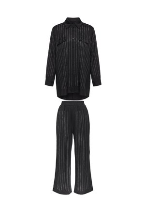 Black two-piece outfit with long-sleeve button-up shirt and wide-leg pants, both featuring vertical white pinstripes.