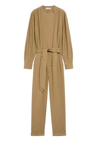 Combinaison beige à manches longues avec col rond, chevilles avec poignets et ceinture en tissu assortie nouée à la taille.