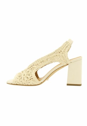Sandalo slingback beige con punta aperta, tomaia intrecciata e tacco a blocco, vista laterale su sfondo bianco.