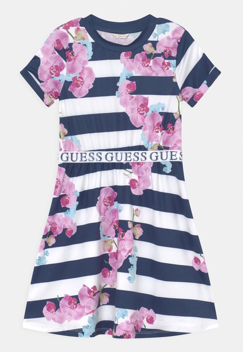 Námořnické a bílé pruhované šaty s růžovým květinovým vzorem orchidejí a logem na pasu. Krátké rukávy a design do zvonu sukně.