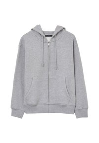 Hoodie zippé gris en tissu doux en mélange de coton. Il possède une capuche avec cordon de serrage, deux poches avant et des poignets et un ourlet côtelés.