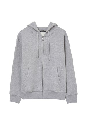 Grauer Zip-Hoodie aus weichem Baumwollmischgewebe. Verfügt über eine Kapuze mit Kordelzug, zwei vordere Taschen und gerippte Bündchen und Saum.