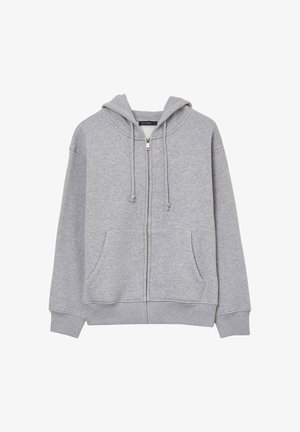 Hoodie zippé gris en tissu doux en mélange de coton. Il possède une capuche avec cordon de serrage, deux poches avant et des poignets et un ourlet côtelés.