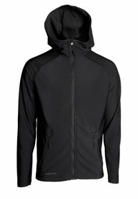 Svart zip-up hoodie med en slät textur, justerbar huva, två frampanelzipfickor och kontrasterande sömdetaljer.