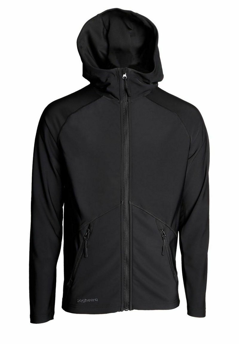 Svart zip-up hoodie med en slät textur, justerbar huva, två frampanelzipfickor och kontrasterande sömdetaljer.