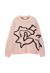 Maglione rosa chiaro a maglia con un design astratto nero, collo rotondo, spalle abbattute e polsini e orlo ribattuti.