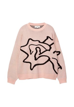 Világos rózsaszín kötött pulóver fekete absztrakt mintával, kerek nyakkivágással, esett vállakkal, és bordás mandzsettákkal és aljjal.